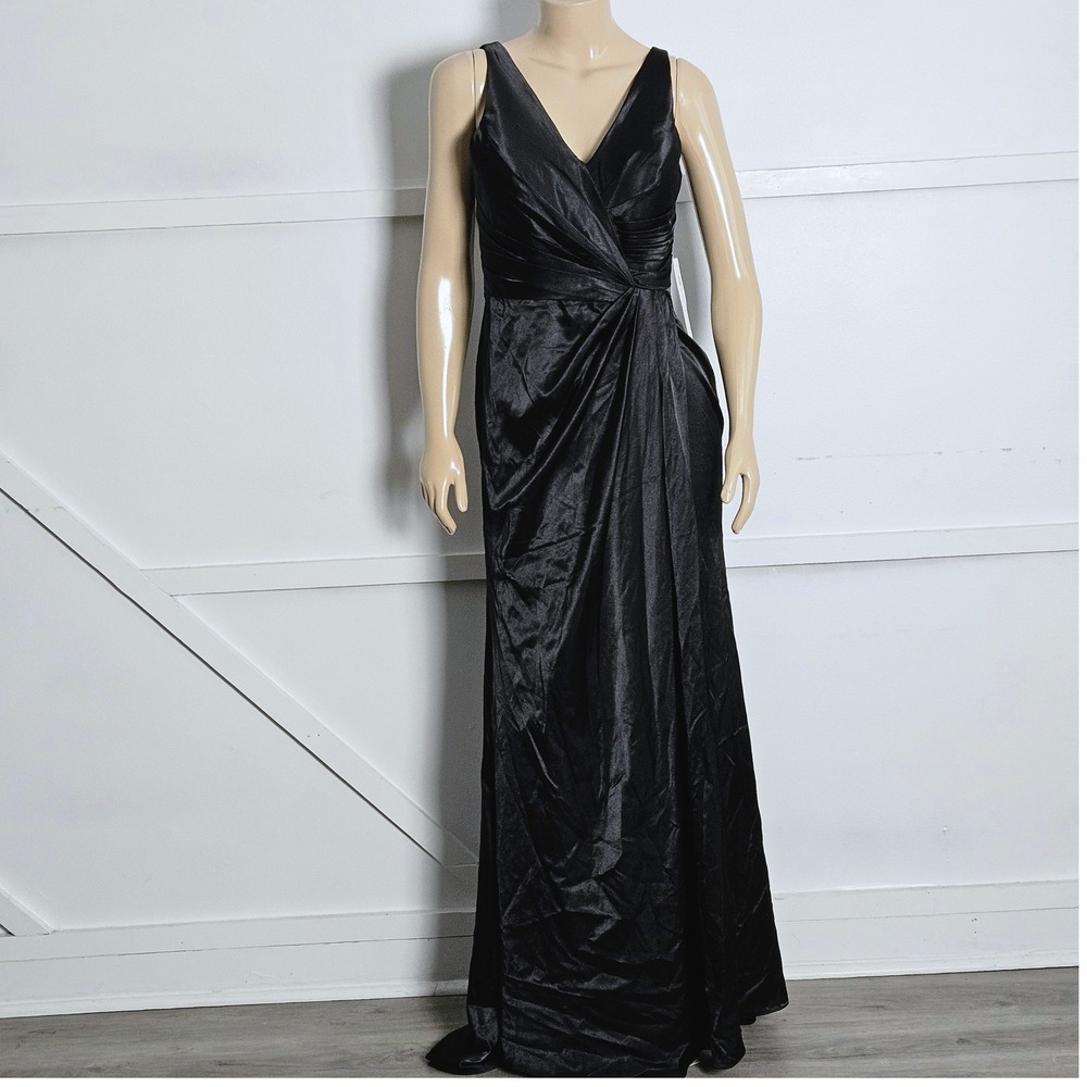 Wear Your Love Black Satin Draped Lace Up Corset Back Floor Length Dress Size 10